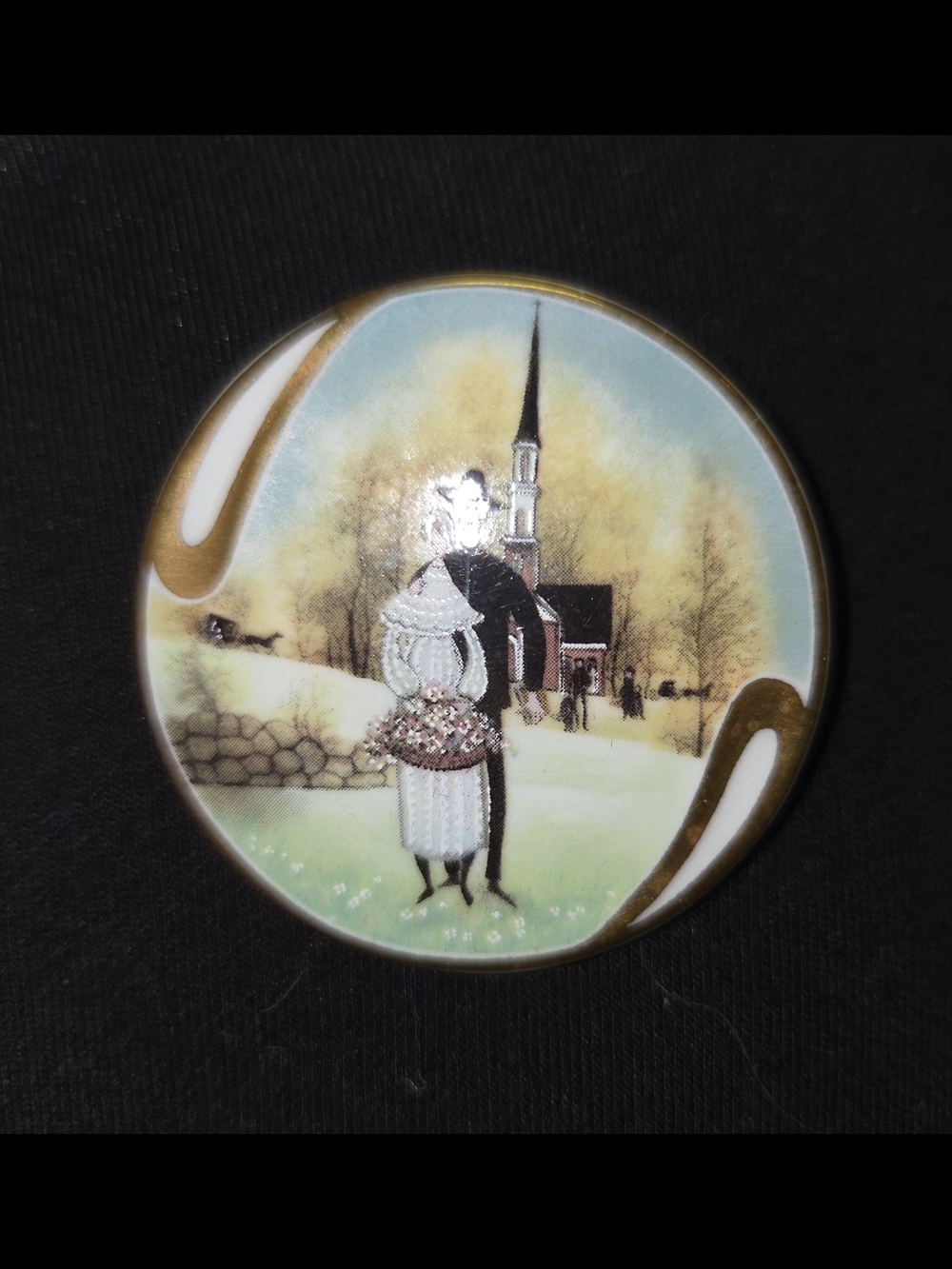 Hand-Painted Winter Church Scene Decorative Pin - White, Brown, Green